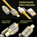 Codegen 240W 4 in 1 USB C - Lightning PD Quickcharge 2 mt Telefon Tablet Notebook Silikon Metal Hızlı Şarj Kablosu Sarı - Görsel 4